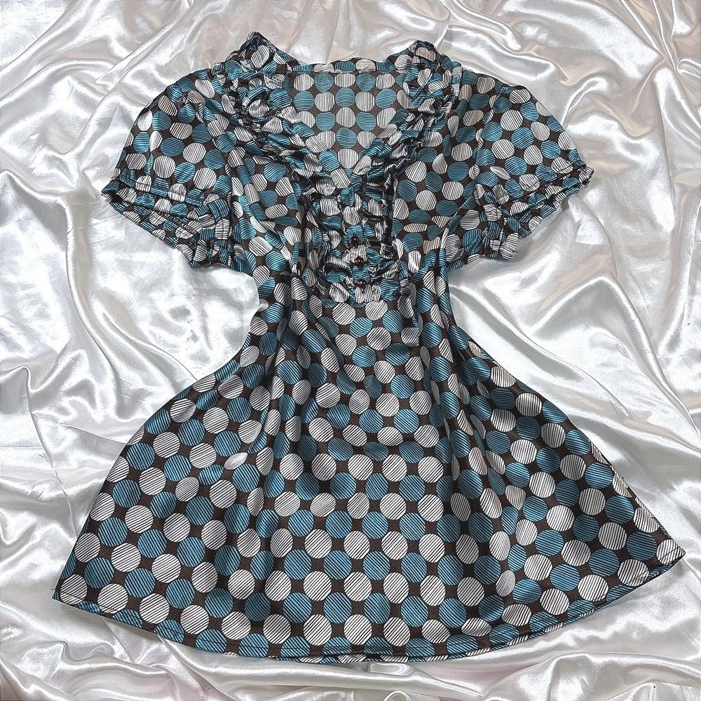 y2k Polka Dot Blouse Teal Brown Excellent Ruffle Puff Sleeve Babydoll Top